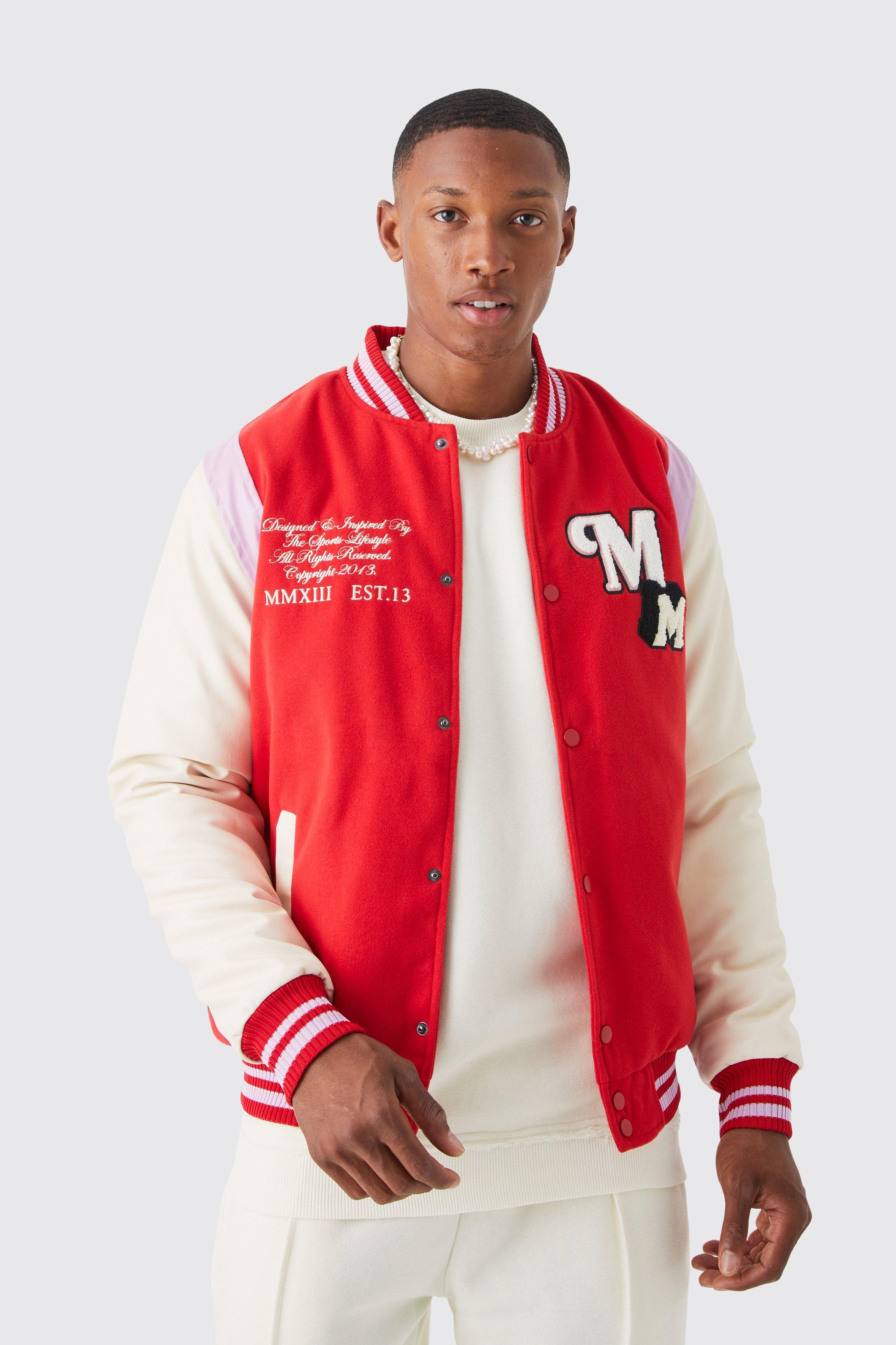 Melton & Pu M Badge Varsity Jacket | boohooMAN USA