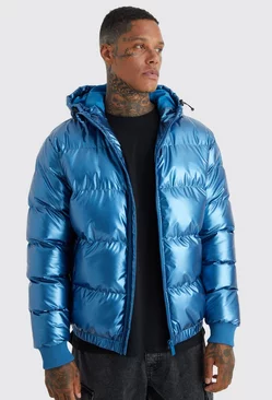 Metallic Quilted Puffer With Hood slate blue