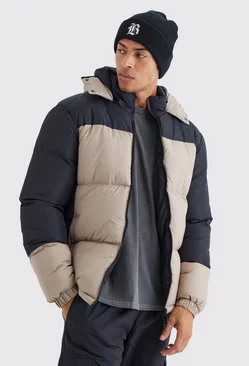 Colour Block Quilted Puffer With Hood Taupe