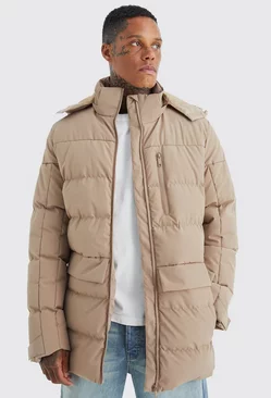 Taupe Beige Longline Quilted Puffer With Hood