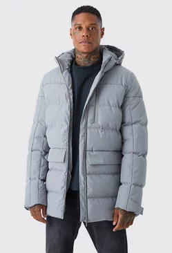 Longline Quilted Puffer With Hood Grey