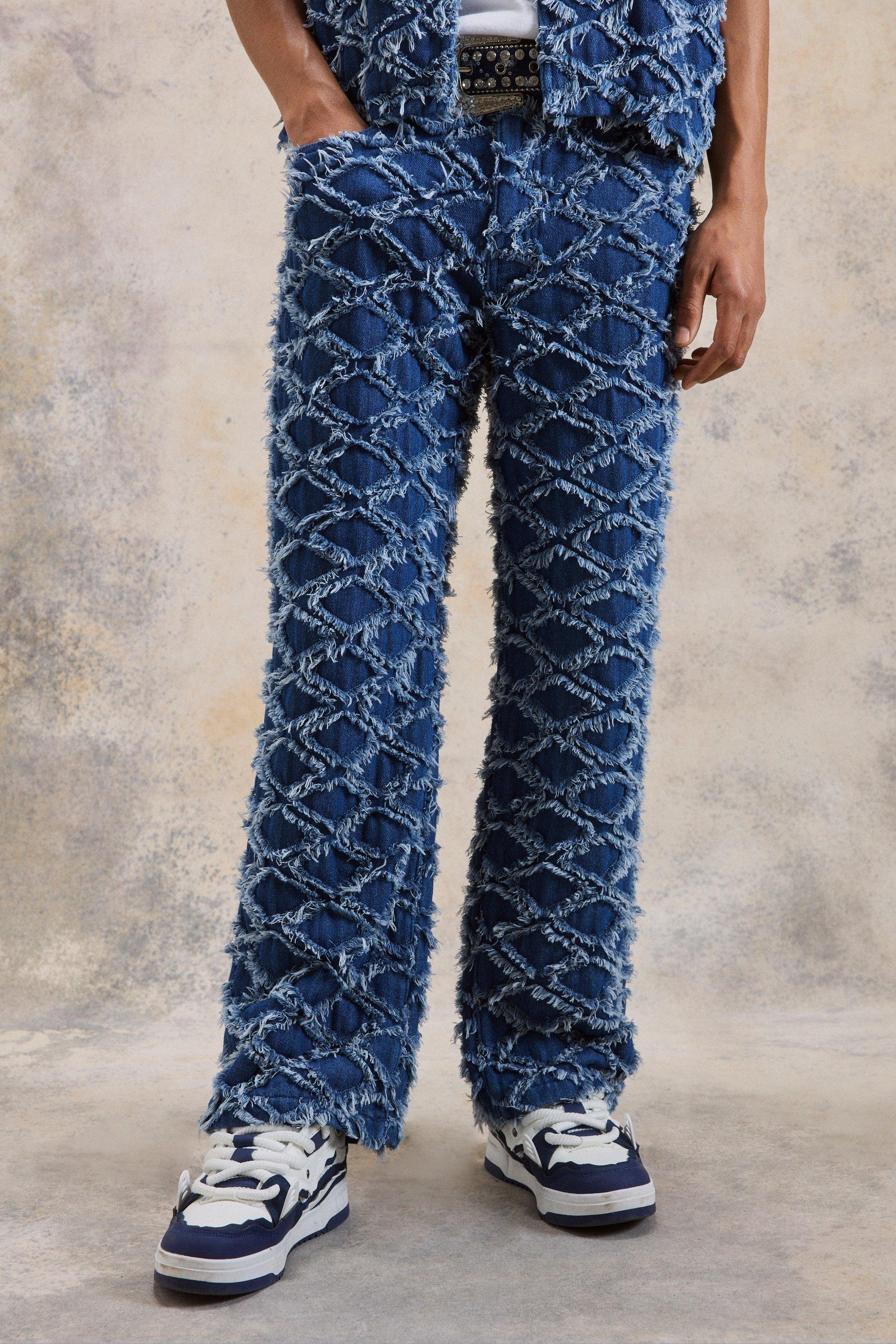 Navy Baggy Jacquard Denim Jeans Met Diamant