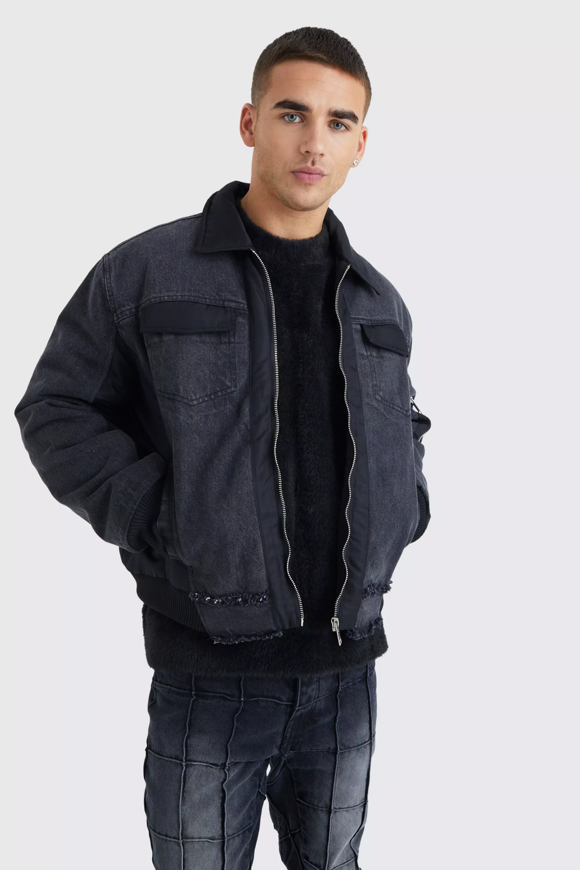 boohooMAN Applique and Embroidered Denim Jacket - Black - Size XL