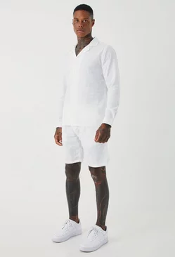 Long Sleeve Revere Shirt Linen Look & Short white