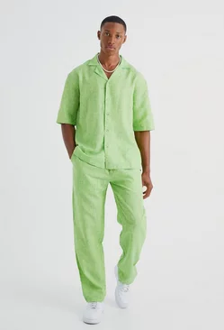 Short Sleeve Drop Revere Shirt Linen Look & Straight Trouser green