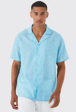 Blue Oversized Boxy Linen Look Revere Shirt