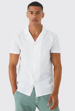 White Short Sleeve Linen Look Revere Shirt