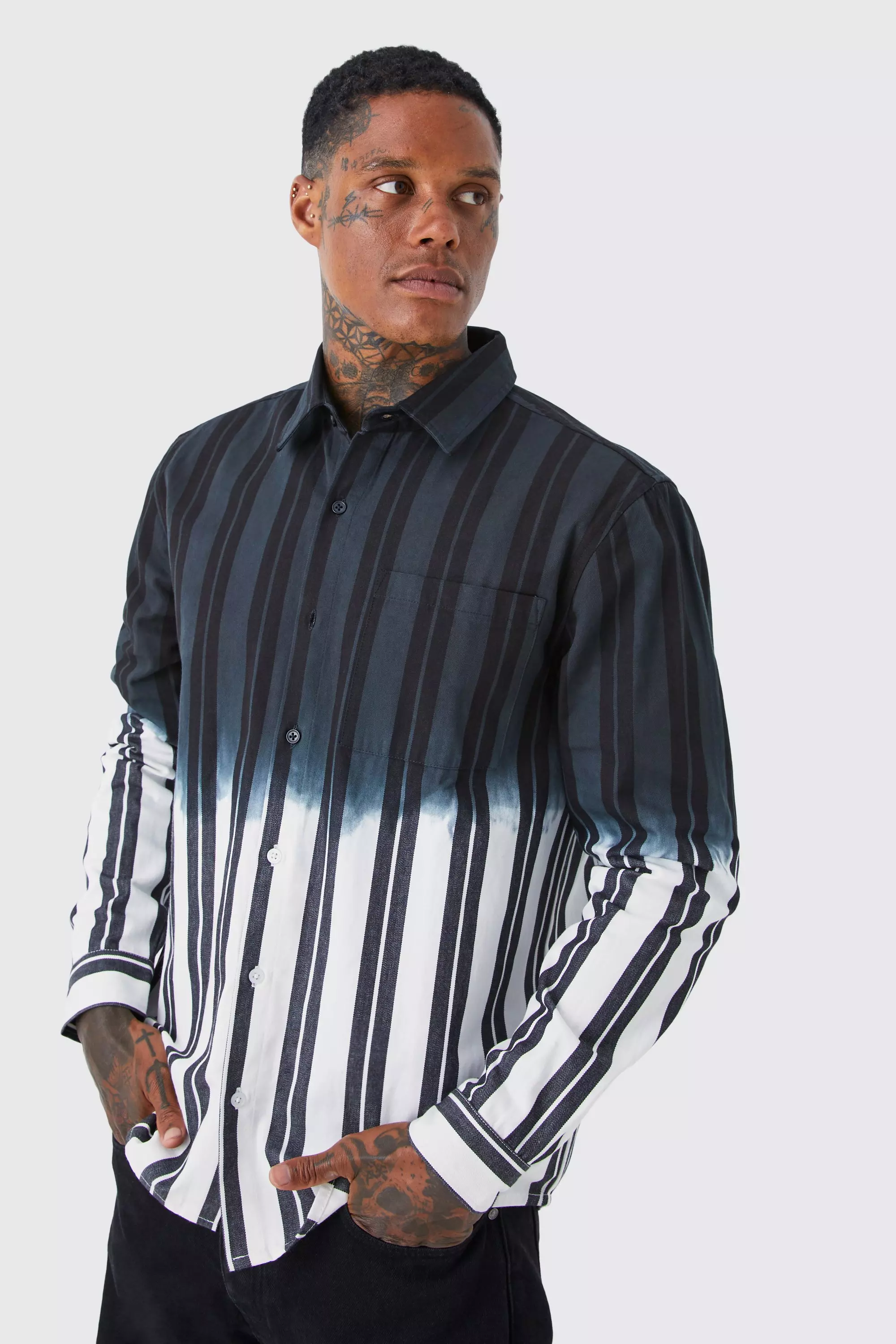 Striped Ombre Twill Overshirt Black