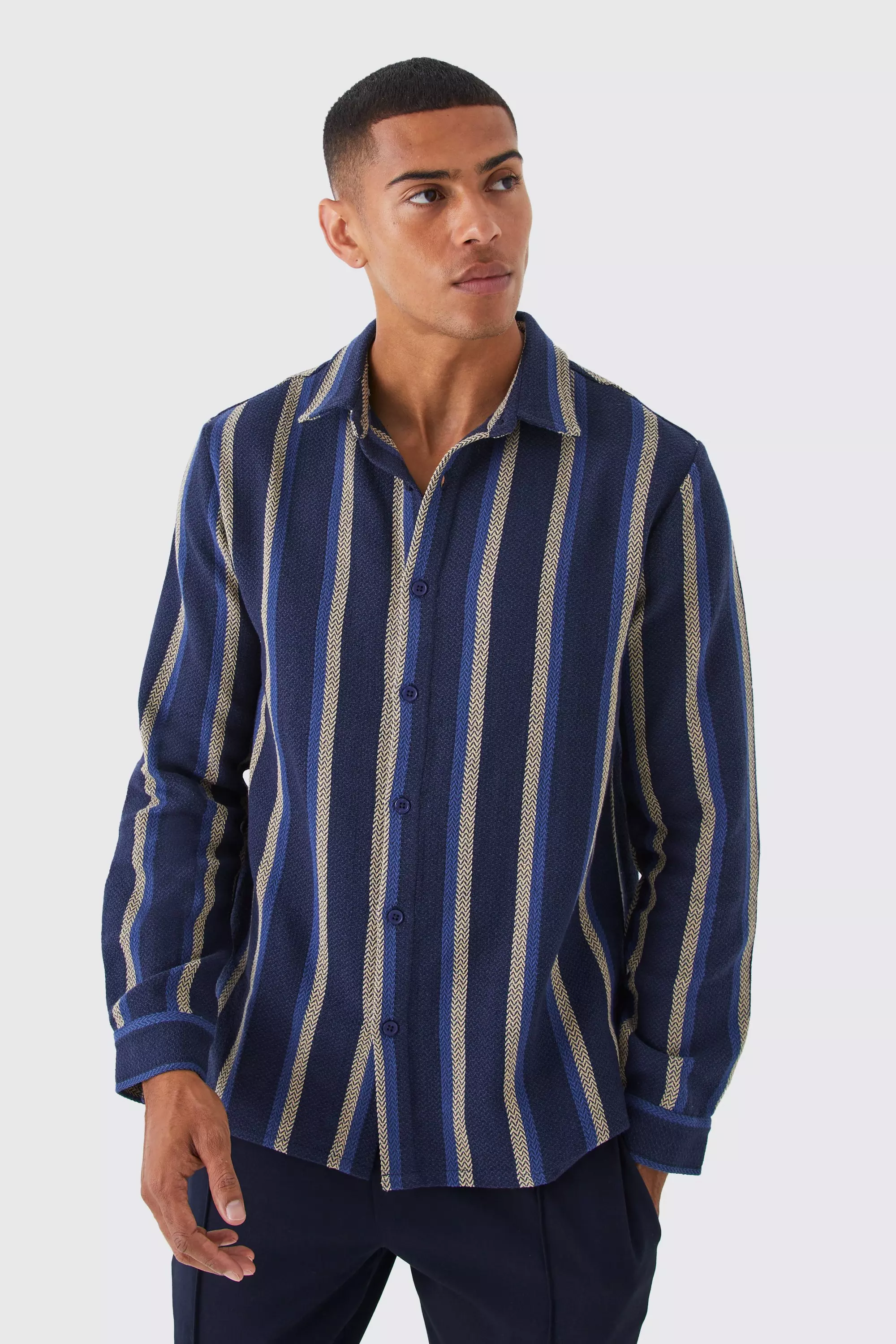 Heavyweight Jacquard Woven Stripe Overshirt Blue