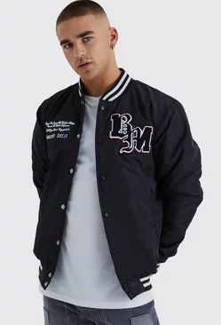 Nylon Varsity Jacket With Badges Black