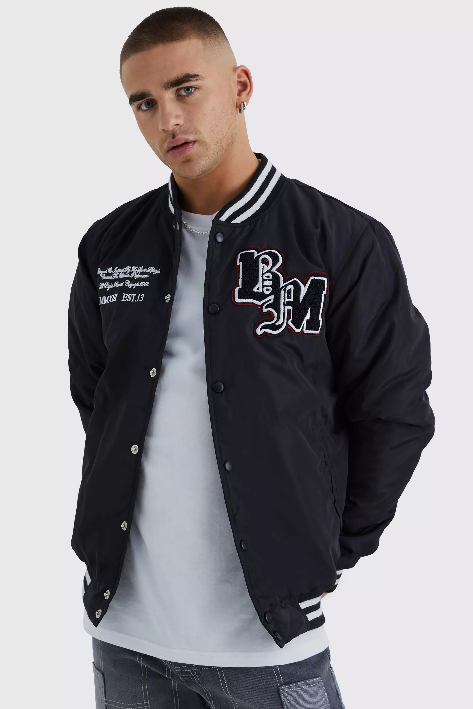 Nylon Varsity Jacket With Badges Black