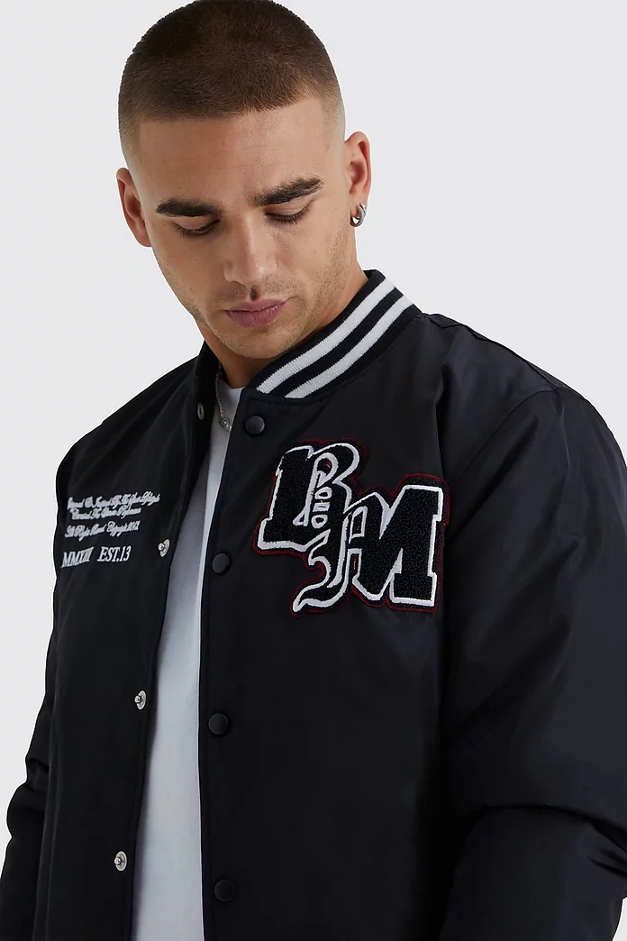 Nylon Varsity Jacket With Badges | boohooMAN USA Nylon Varsity Jacket With Badges | boohooMAN USA
