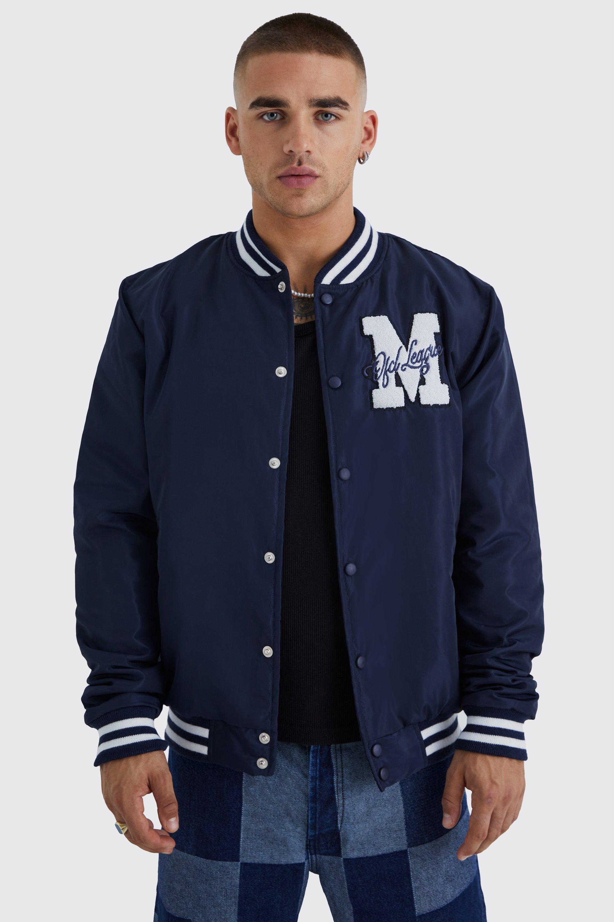 Nylon Varsity Jacket With M Badge | boohooMAN USA