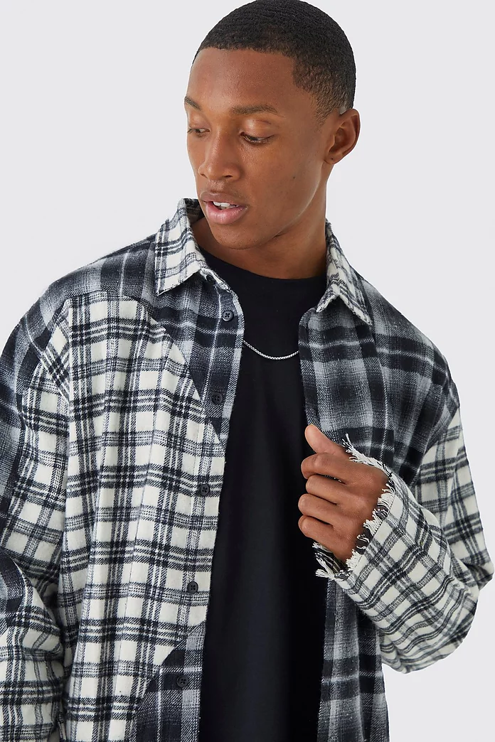 Oversized Wave Spliced Distressed Flannel Shirt | boohooMAN USA Oversized Wave Spliced Distressed Flannel Shirt | boohooMAN USA
