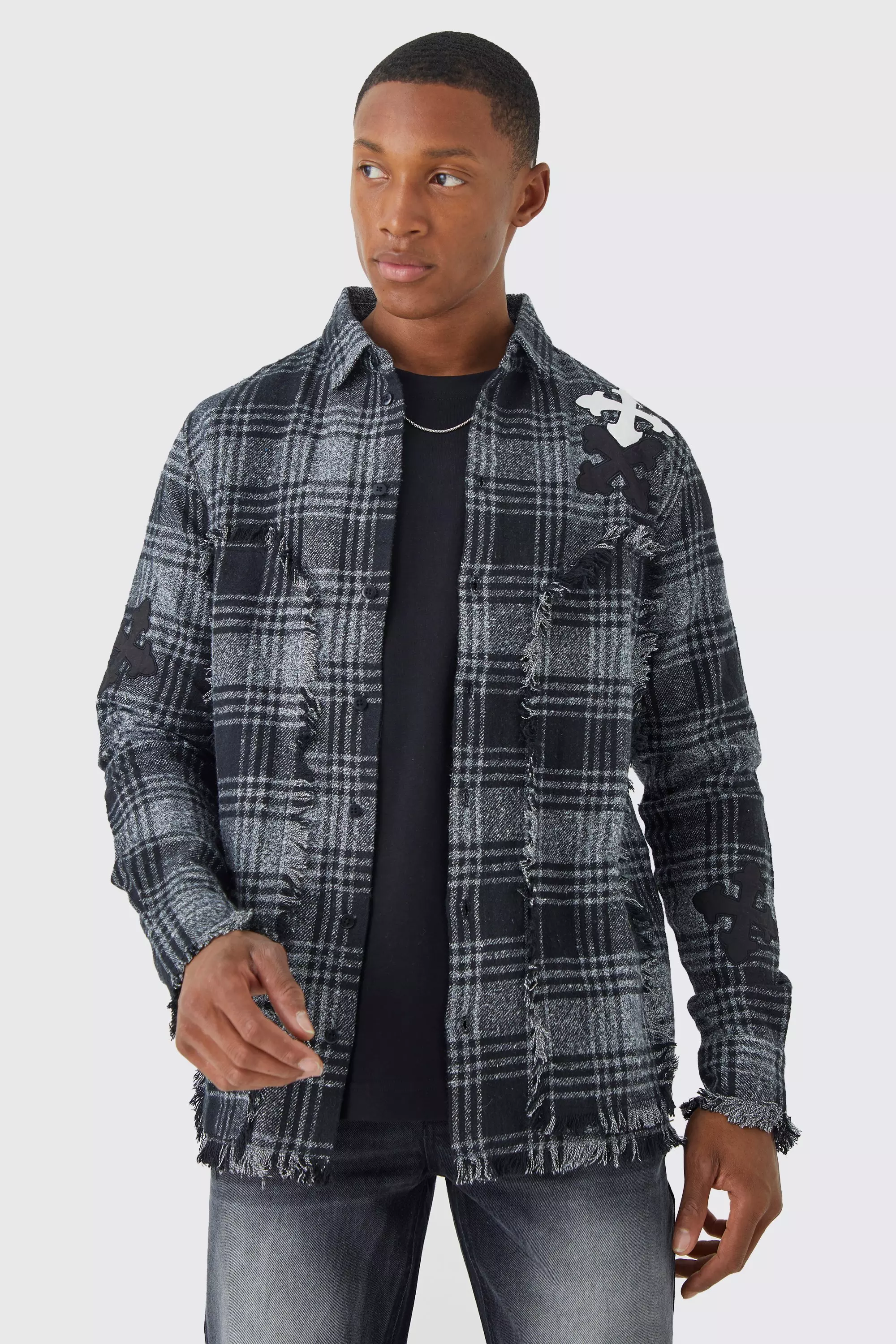 Distressed Hem Panel And Badge Flannel Shirt Grey