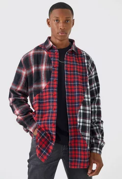 Oversized Waved Spliced Flannel Shirt Red