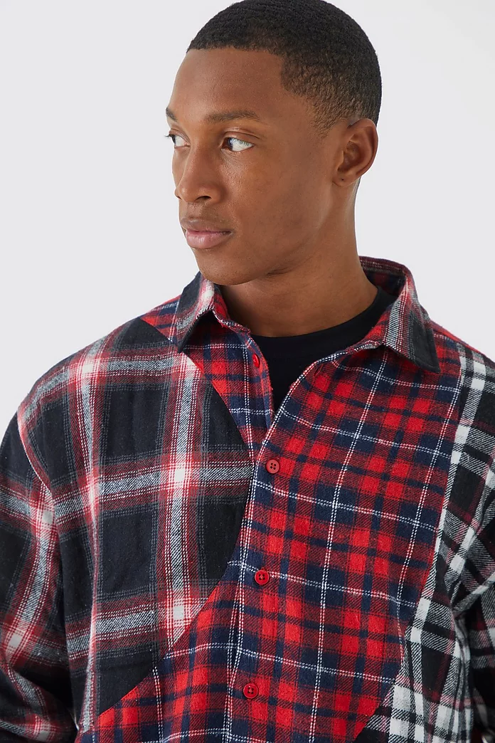 Oversized Waved Spliced Flannel Shirt | boohooMAN USA Oversized Waved Spliced Flannel Shirt | boohooMAN USA