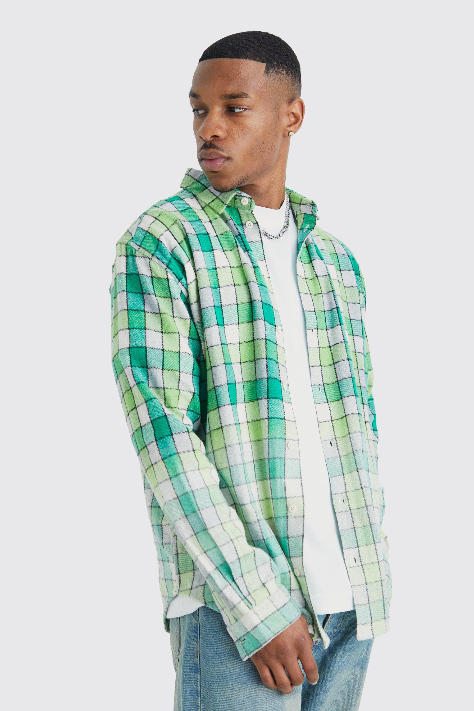 boohooMAN Long Sleeve Longline Flannel Shirt - Green - Size XS