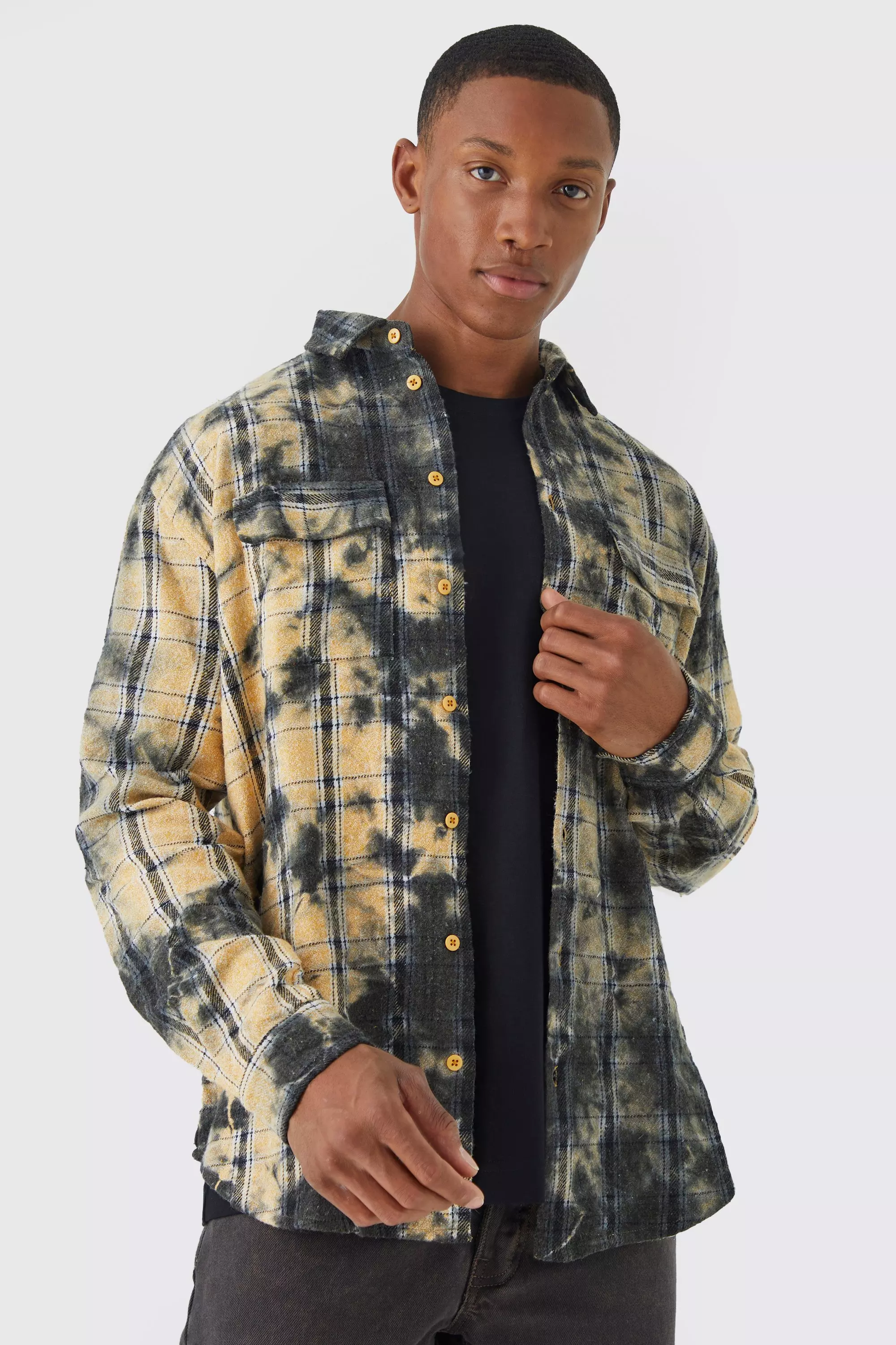 Oversized All Over Bleach Flannel Shirt Mustard