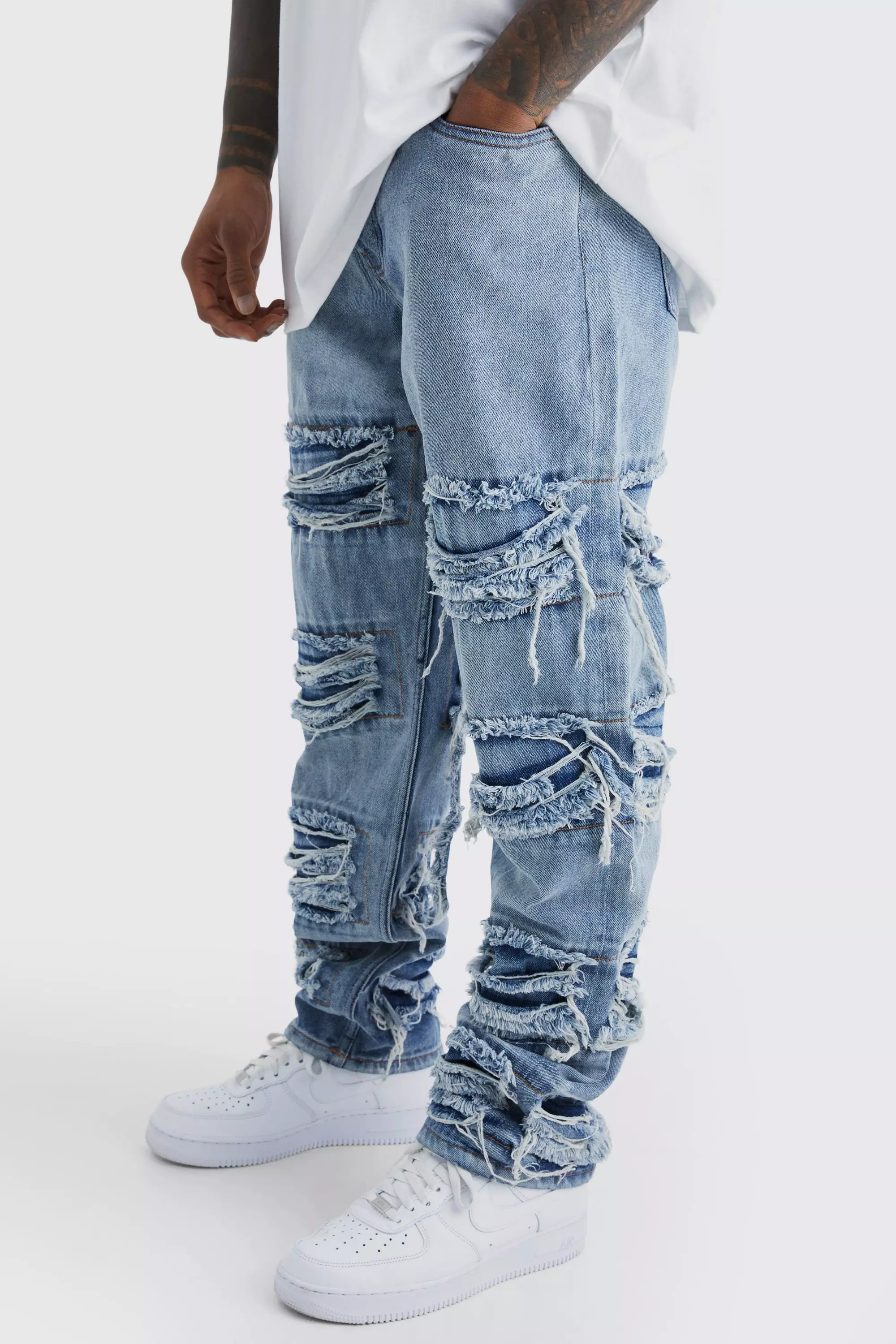 Relaxed Fit All Over Frayed Panel Jeans Antique blue
