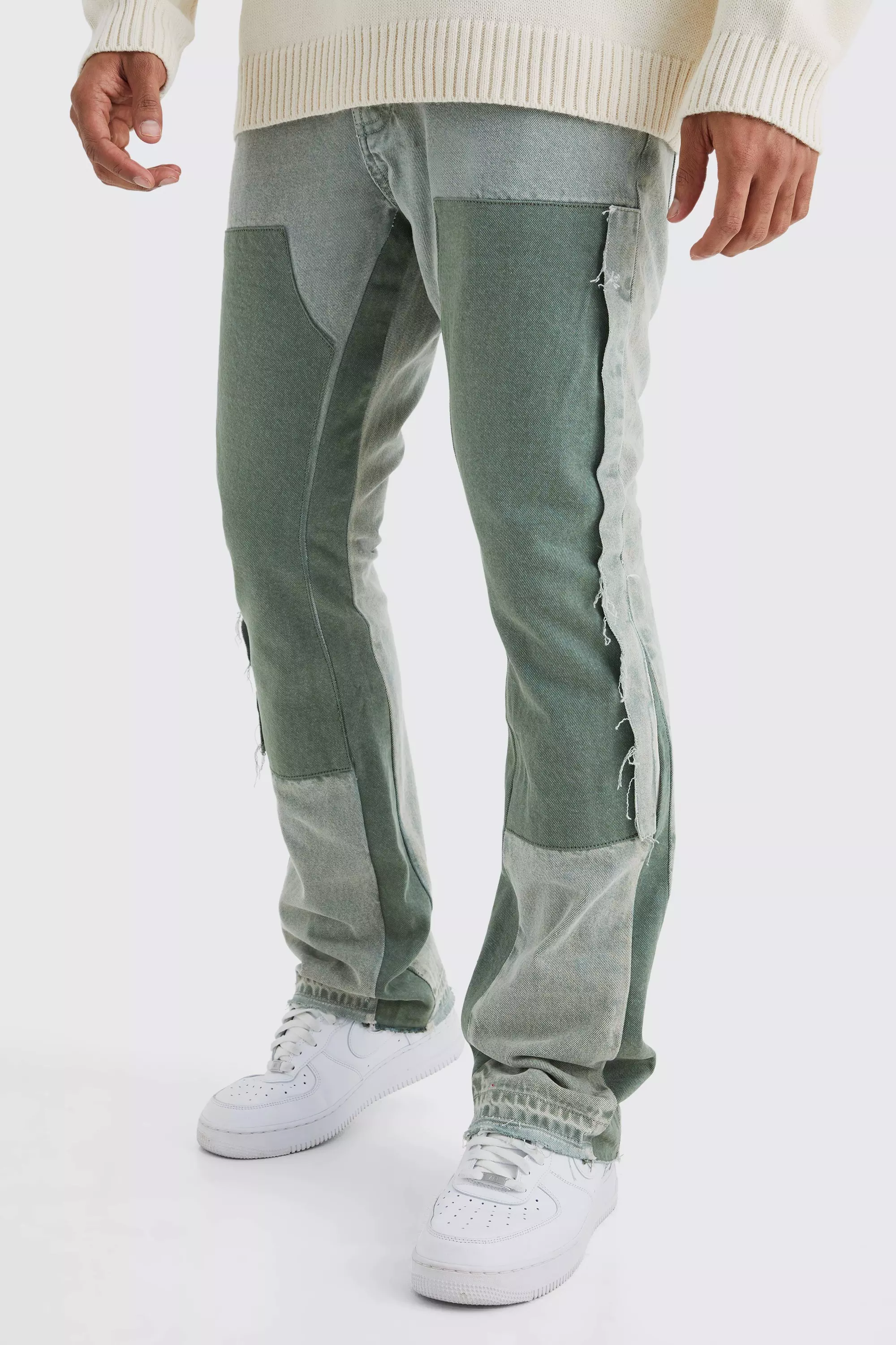 Sage Green Slim Flare Overdye Worker Panel Jeans