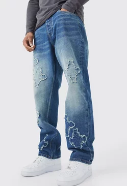 Relaxed Fit Raw Edge Cross Applique Jeans Antique wash