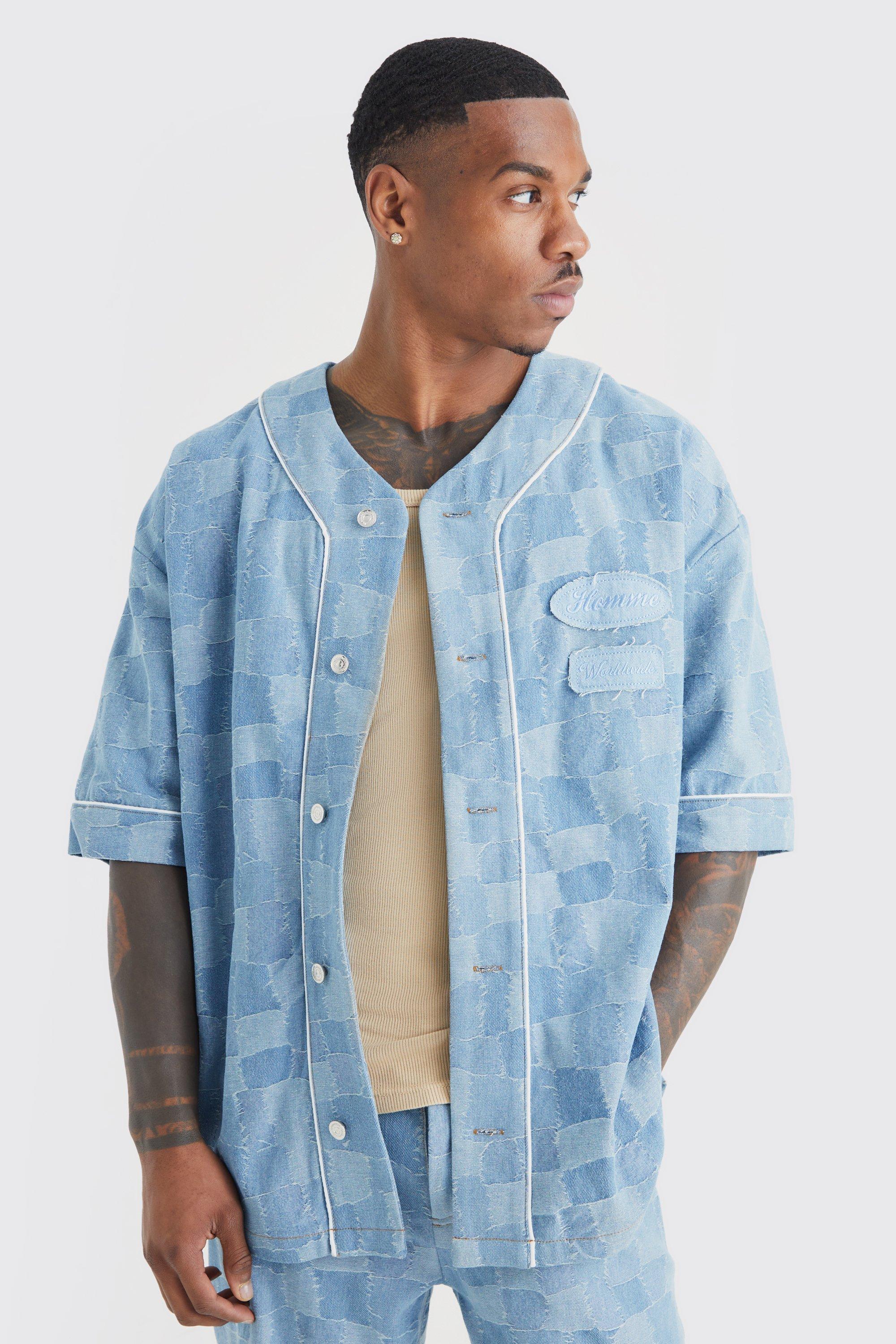 Camisa vaquera de béisbol con retazos y jacquard, Light blue