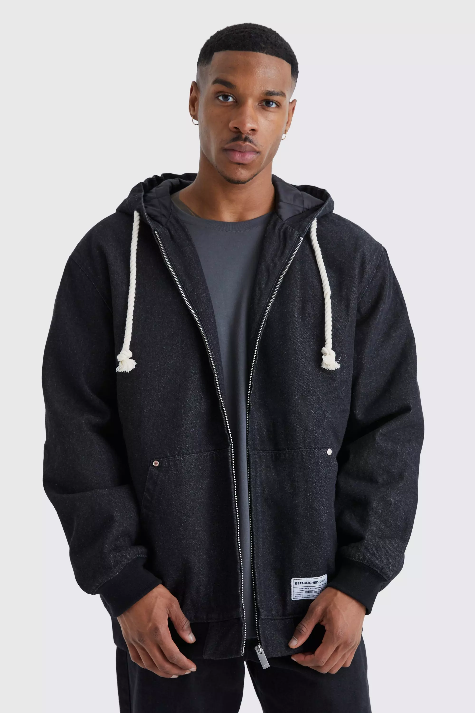 Washed Denim Zip Through Hooded Jacket Washed black