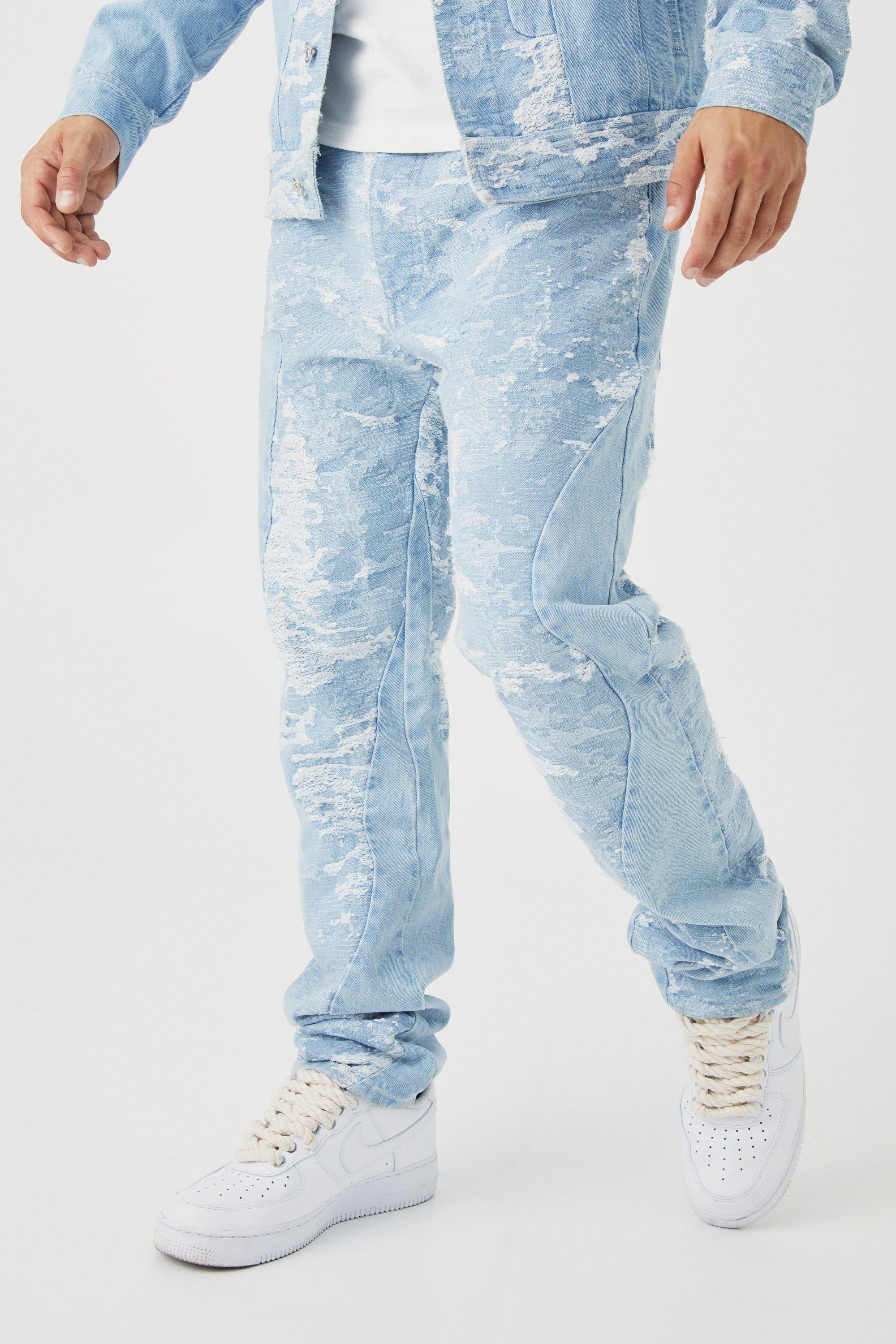Jeans Dritti In Jacquard Effetto Patchwork E Denim, Light blue