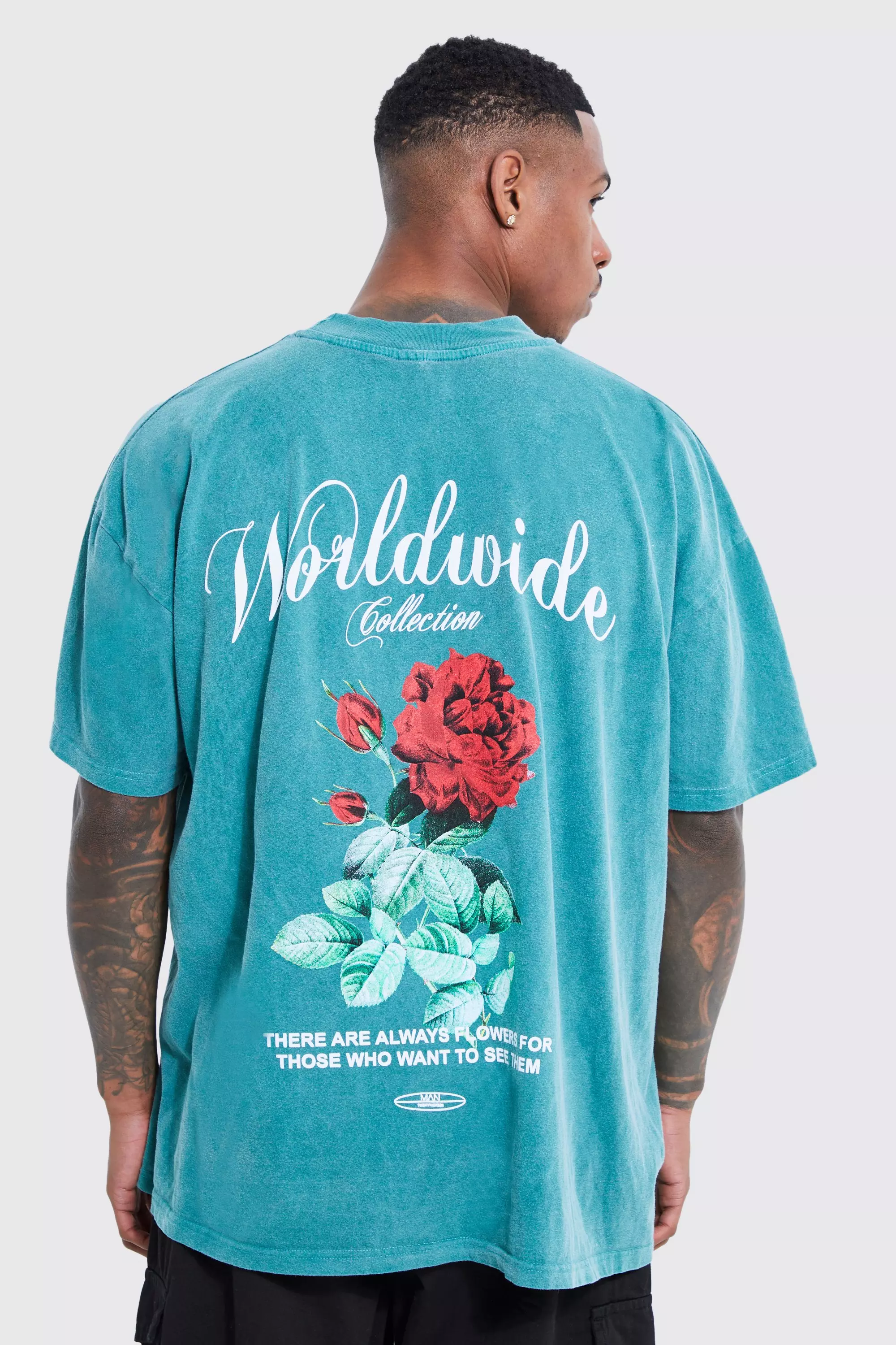 Green Oversized Overdye Worldwide Floral Graphic T-shirt