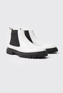 Patent Chelsea Boots With Track Sole White