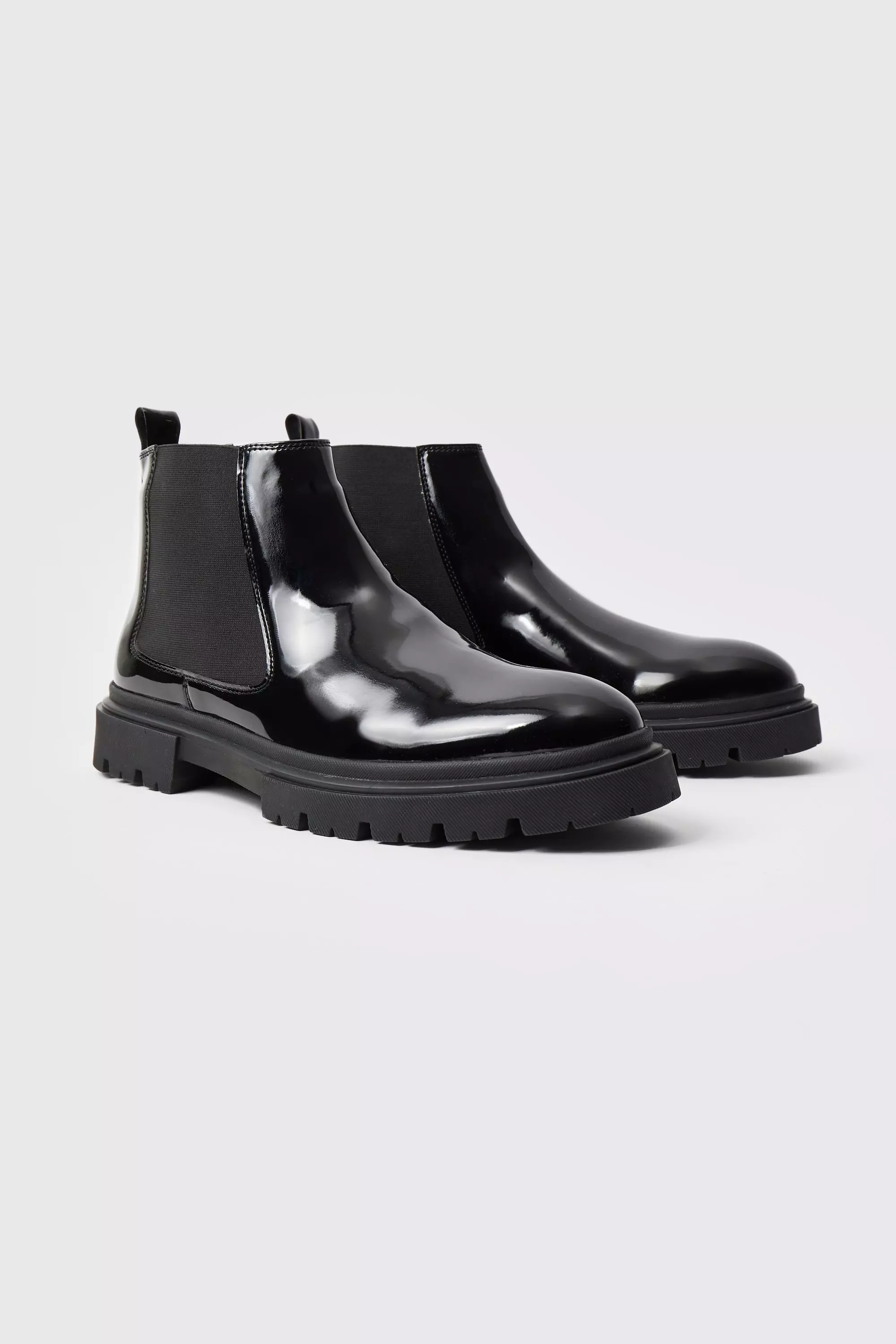 Patent Chelsea Boots With Track Sole Black