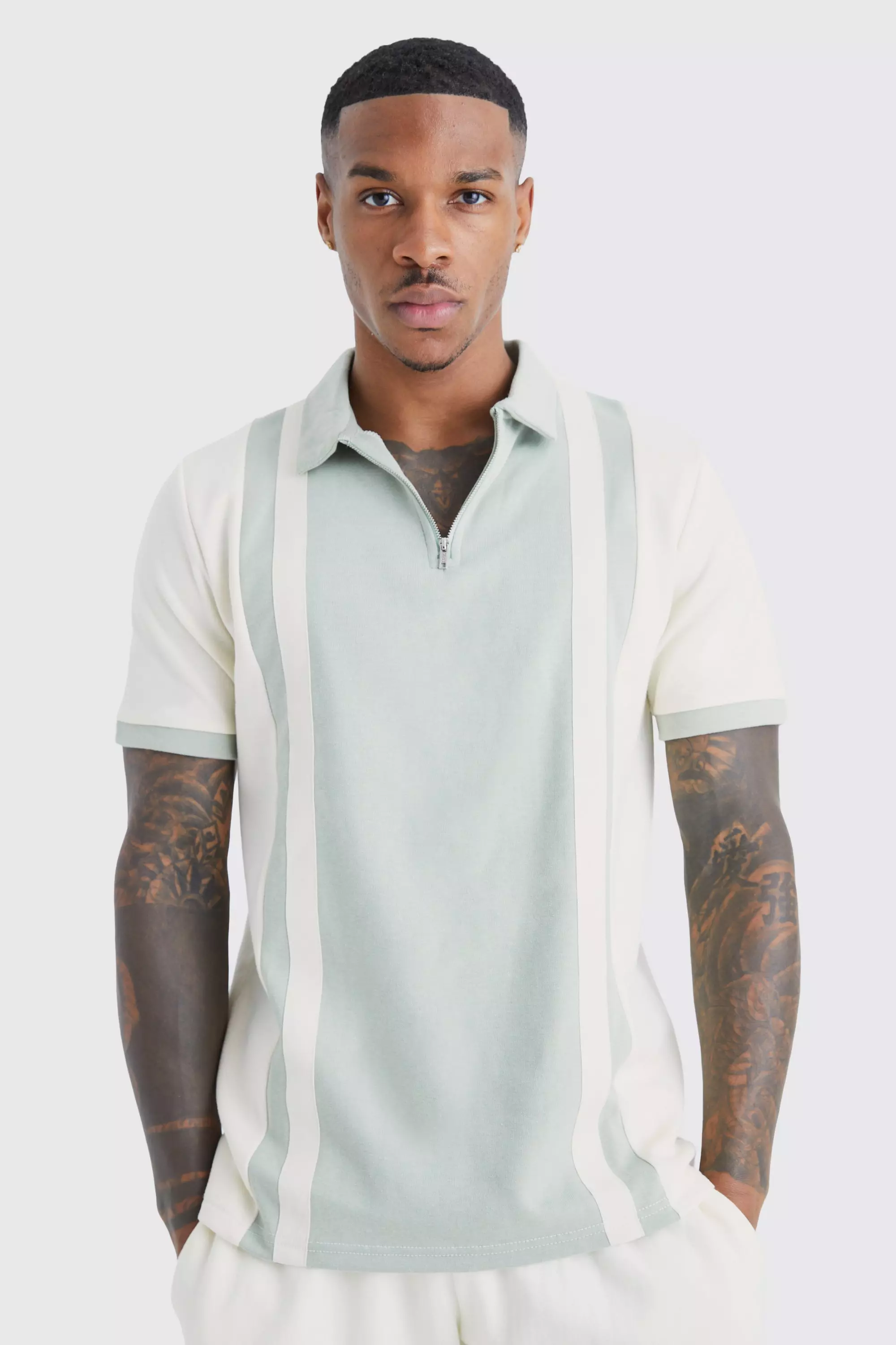 Slim Panelled Zip Neck Interlock Polo Sage