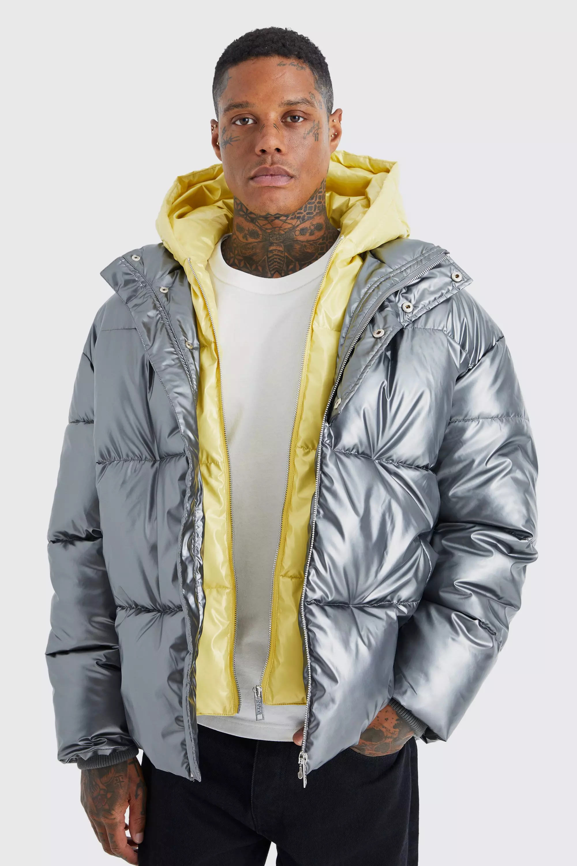 Metallic grey puffer jacket online