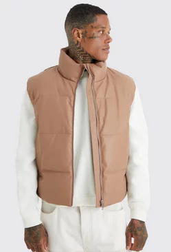 Pu Funnel Neck Quilted Gilet Chocolate