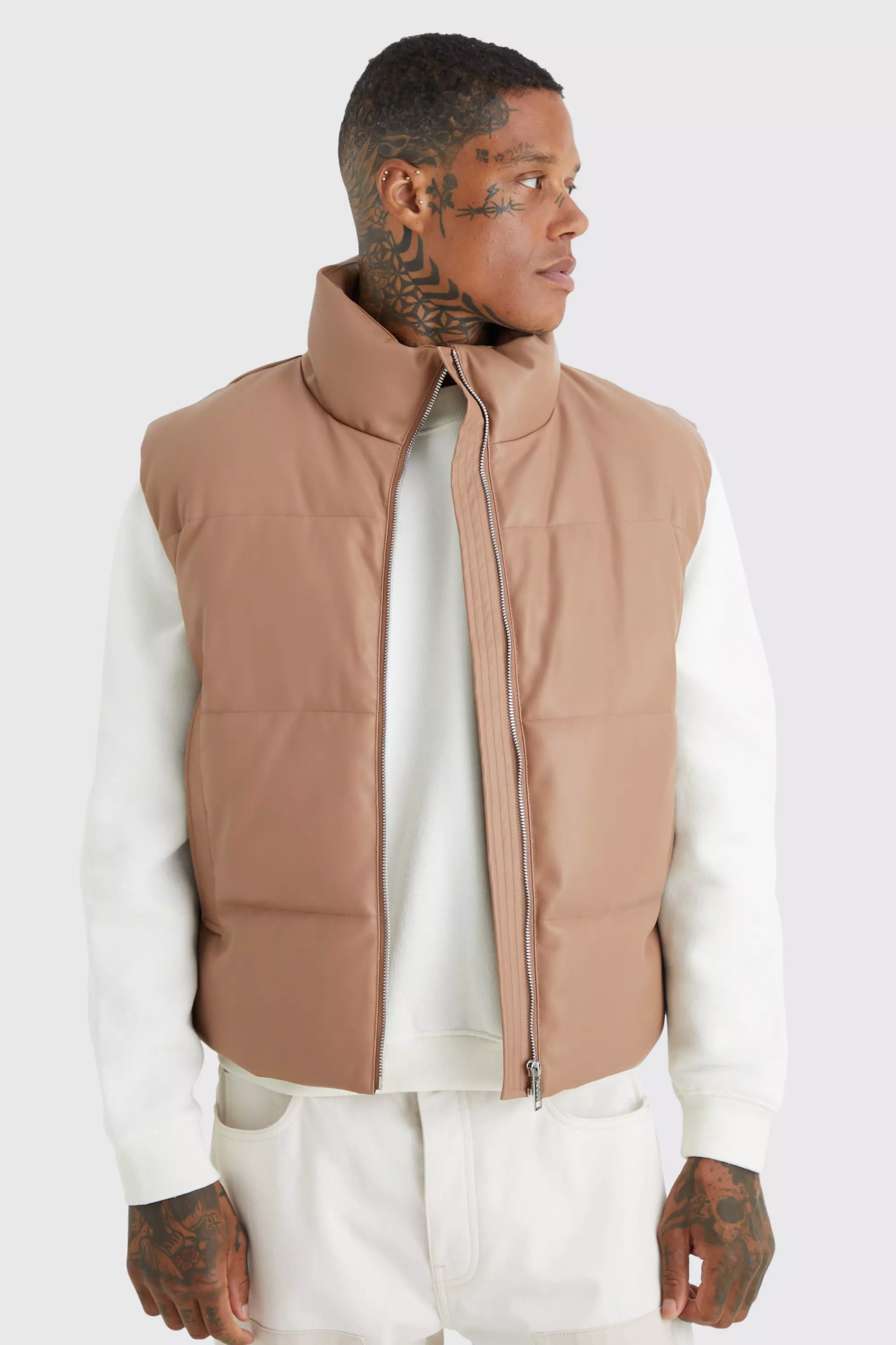 Pu Funnel Neck Quilted Gilet Chocolate