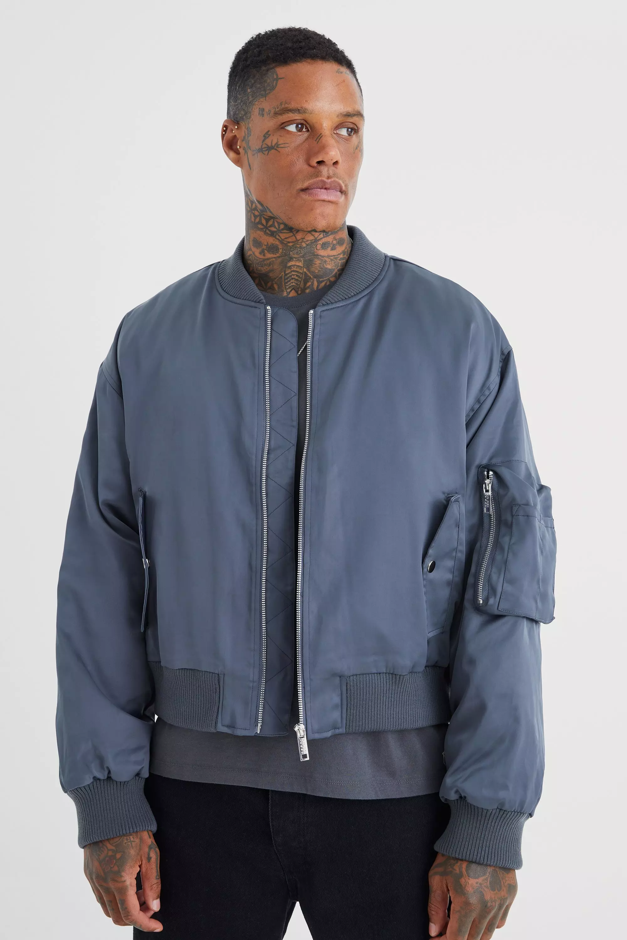 Slate blue Boxy Satin Padded Ma1 Bomber Jacket alternative image