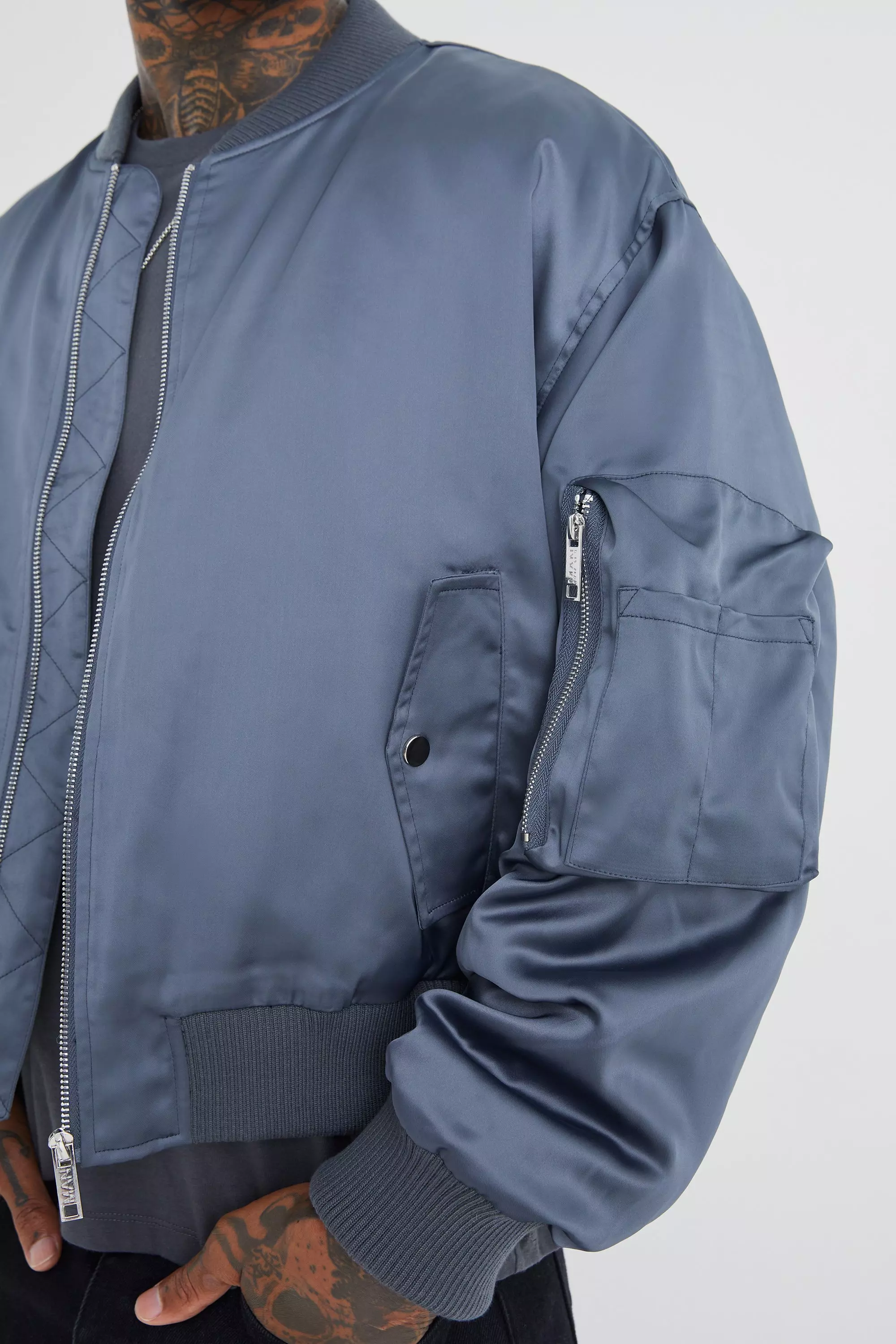 Slate blue Boxy Satin Padded Ma1 Bomber Jacket alternative image