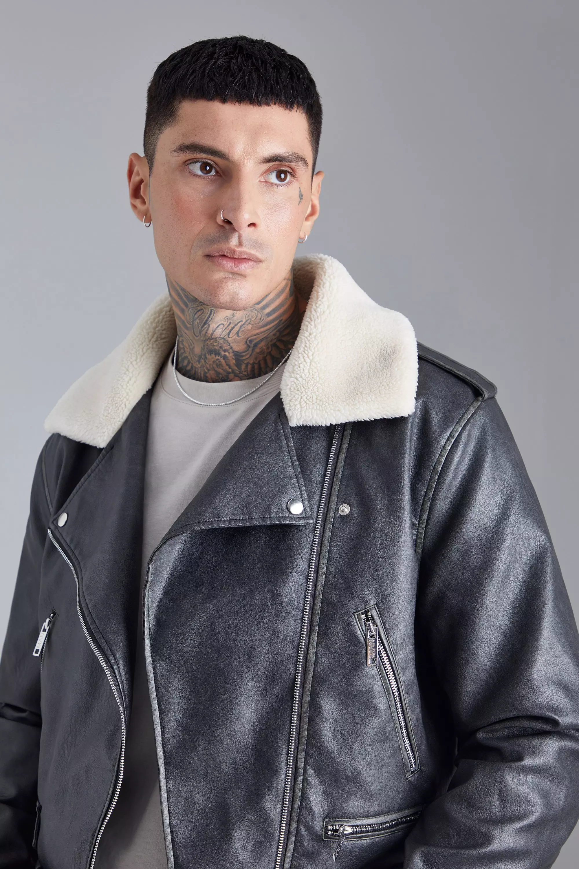 Boxy Fit Washed Pu Biker With Borg Collar boohooMAN UK