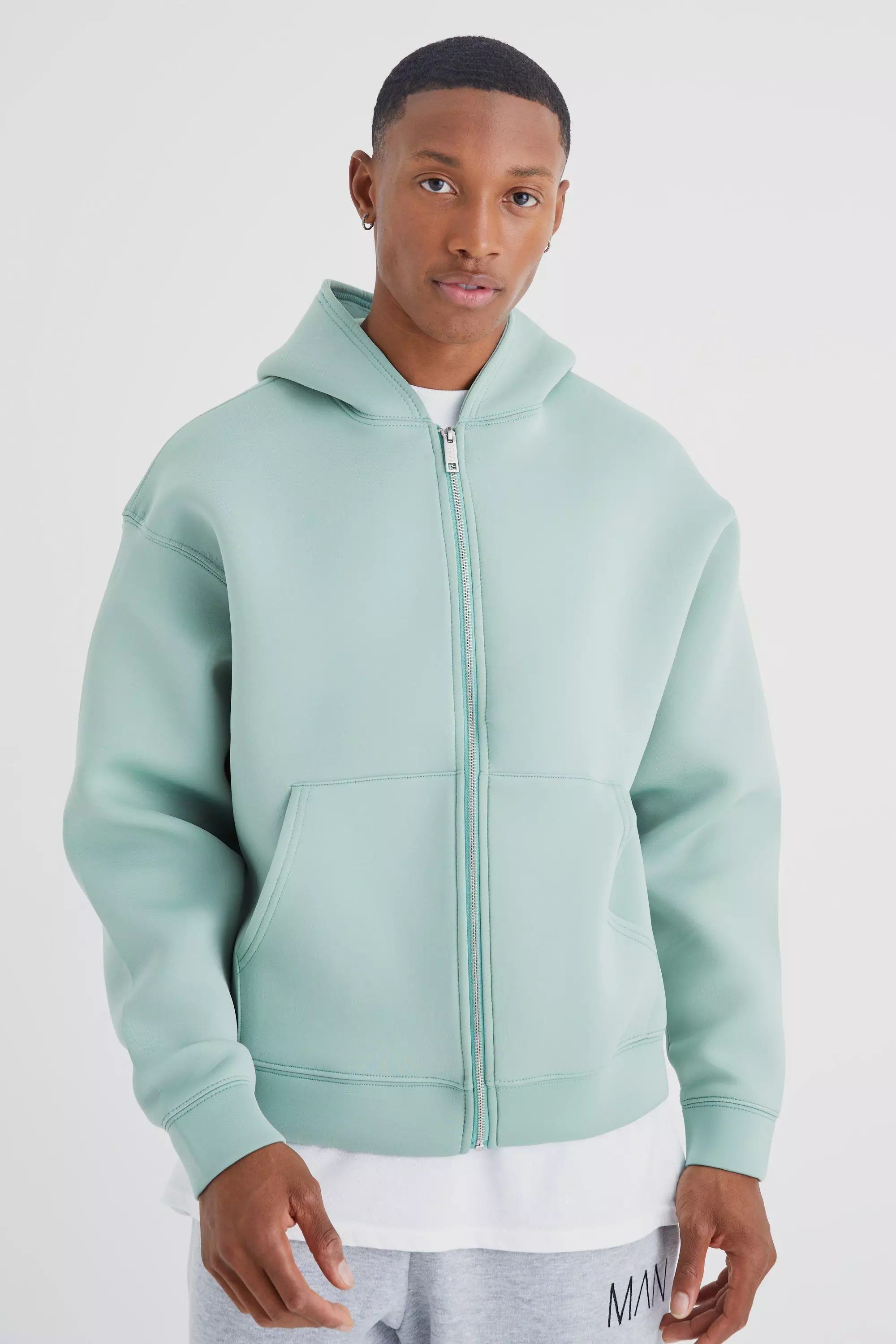 Boxy Zip Through Bonded Scuba Hoodie Sage