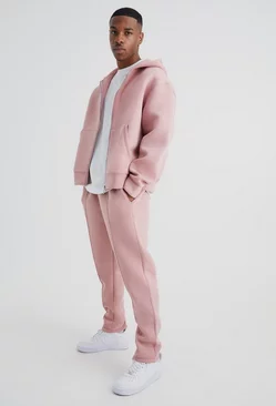 Pink Oversized Boxy Zip Through Bonded Scuba Hooded Tracksuit