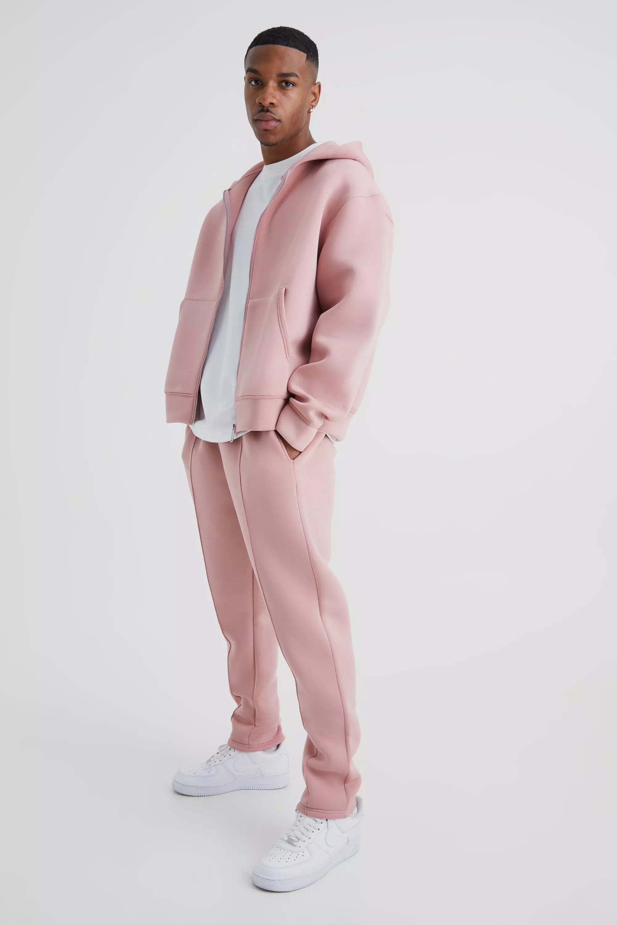 Oversized Boxy Zip Through Bonded Scuba Hooded Tracksuit Dusty pink