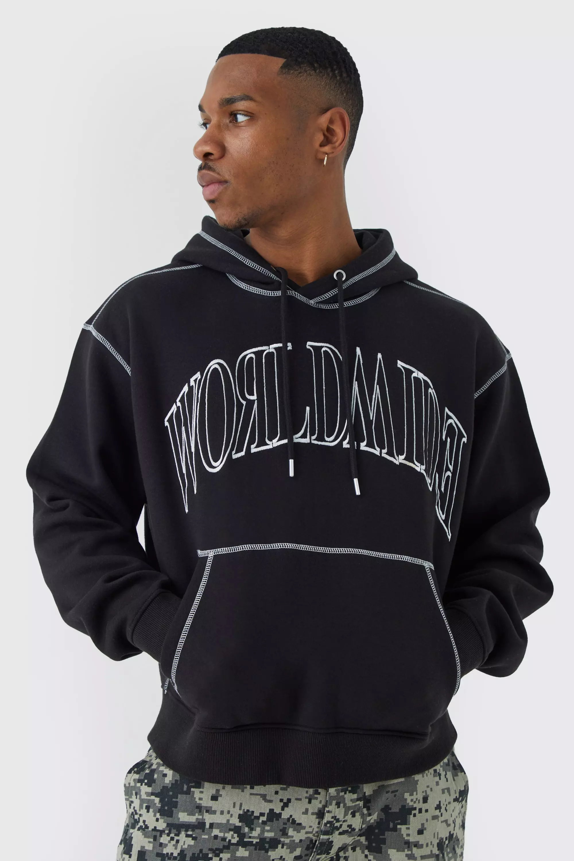 Oversized Worldwide Contrast Stitch Hoodie Black