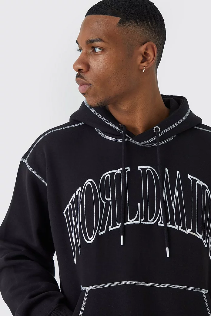 Oversized Worldwide Contrast Stitch Hoodie | boohooMAN USA Oversized Worldwide Contrast Stitch Hoodie | boohooMAN USA