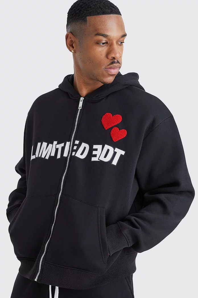 Oversized Boxy Zip Through Heart Hoodie | boohooMAN USA Oversized Boxy Zip Through Heart Hoodie | boohooMAN USA