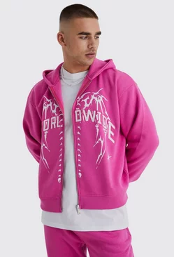 Pink Oversized Boxy Zip Through Worldwide Hoodie