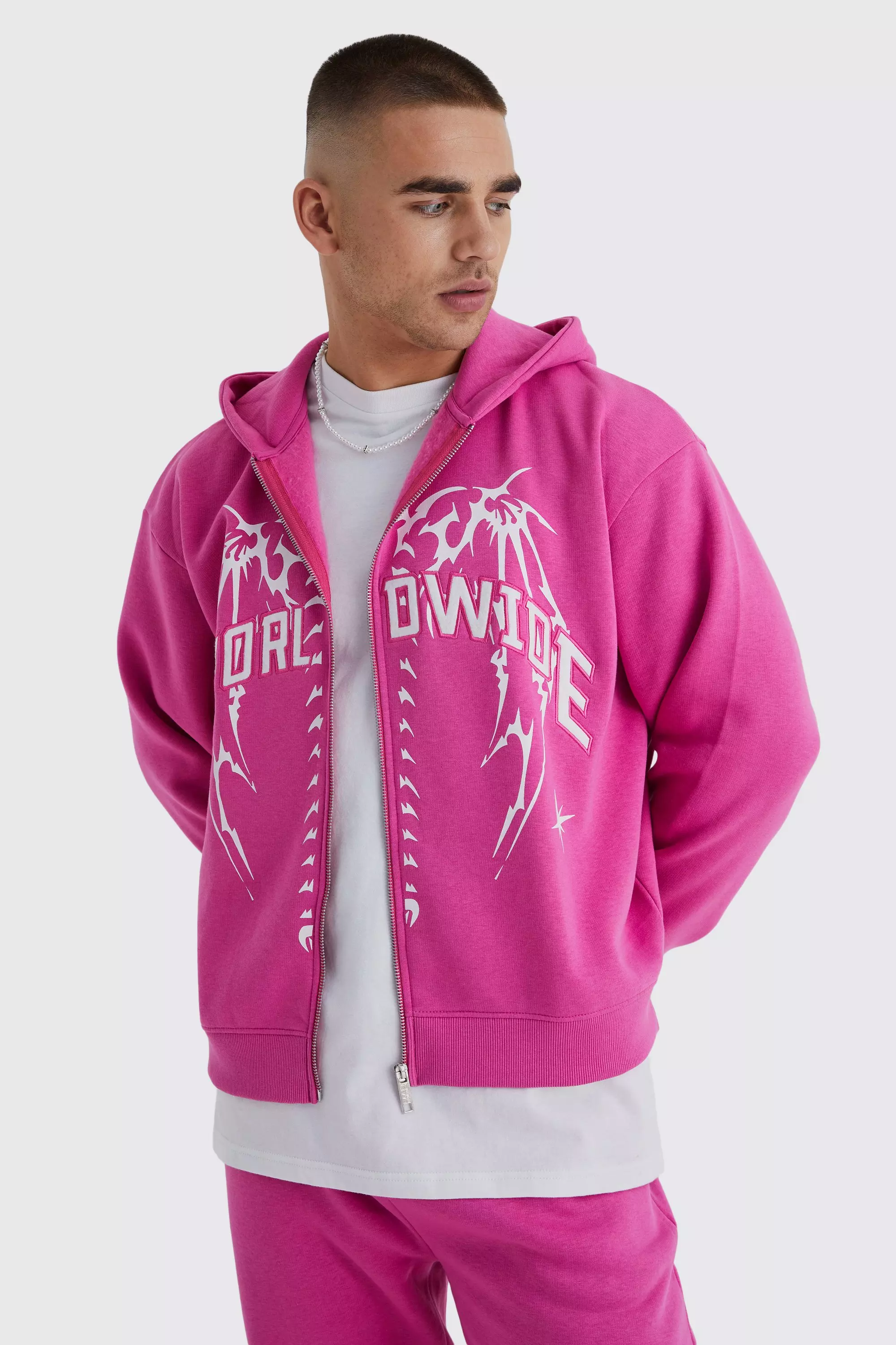 Oversized Boxy Zip Through Worldwide Hoodie Pink