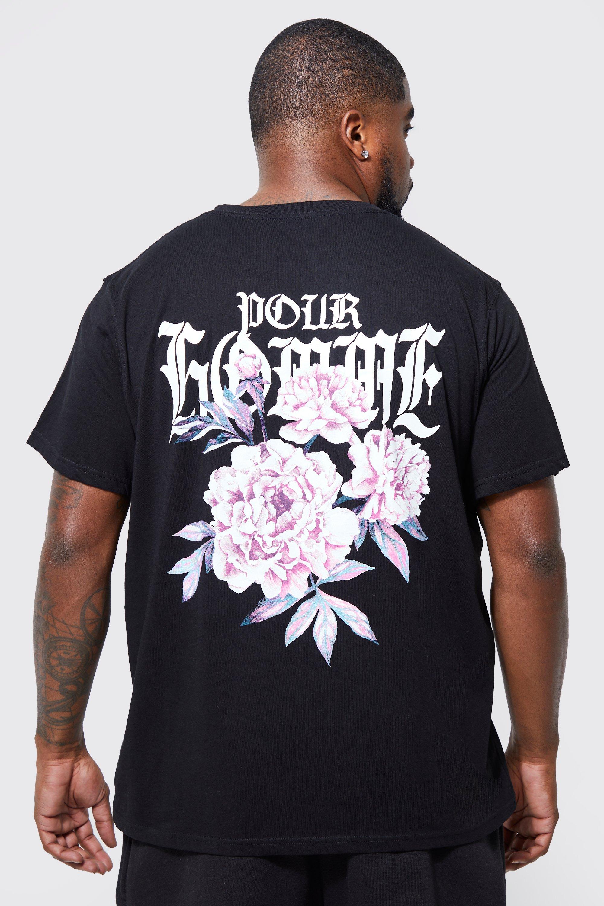 boohooMAN Plus Size Oversized Rose Back Graphic T-Shirt