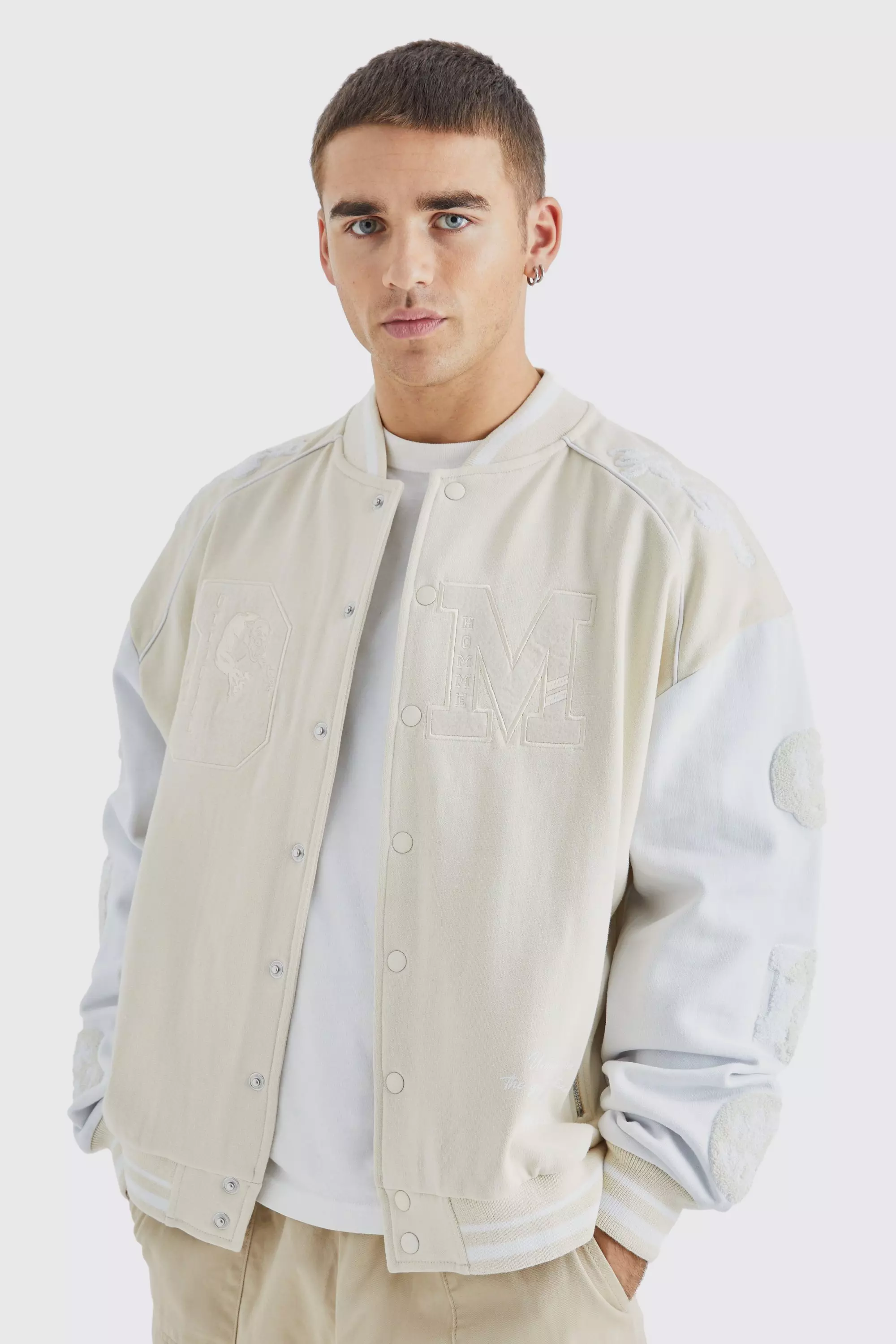 Oversized Boxy Jersey Varsity Bomber Jacket Ecru