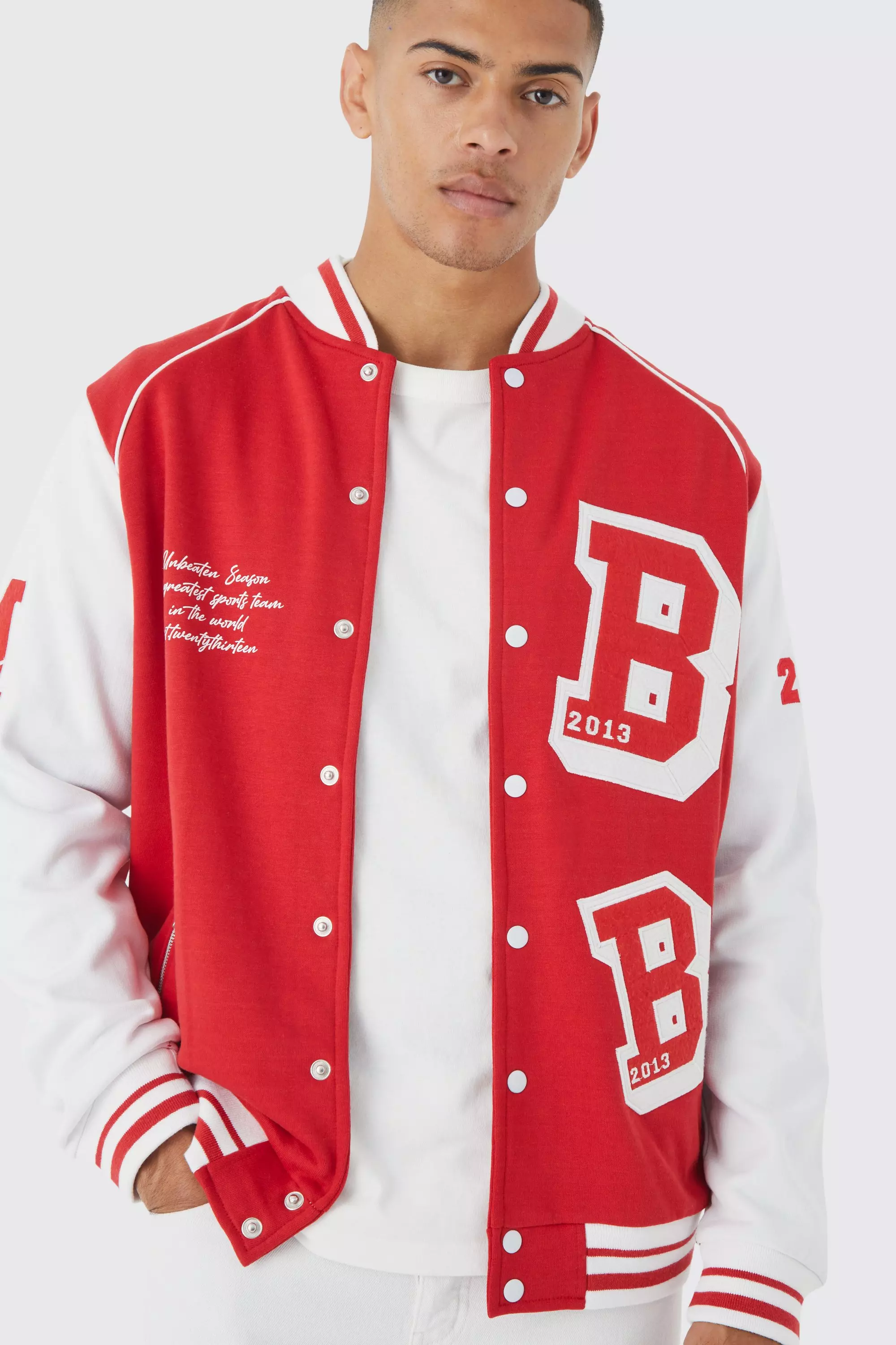 Jersey Varsity Bomber Jacket boohooMAN USA